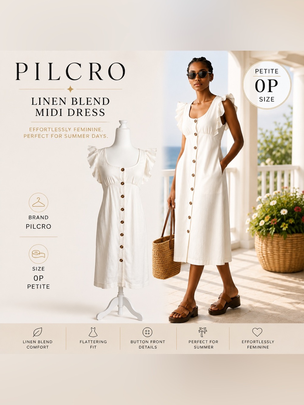 Pilcro Anthropologie White Linen Blend Midi Dress 0P Petite Coastal Resort
